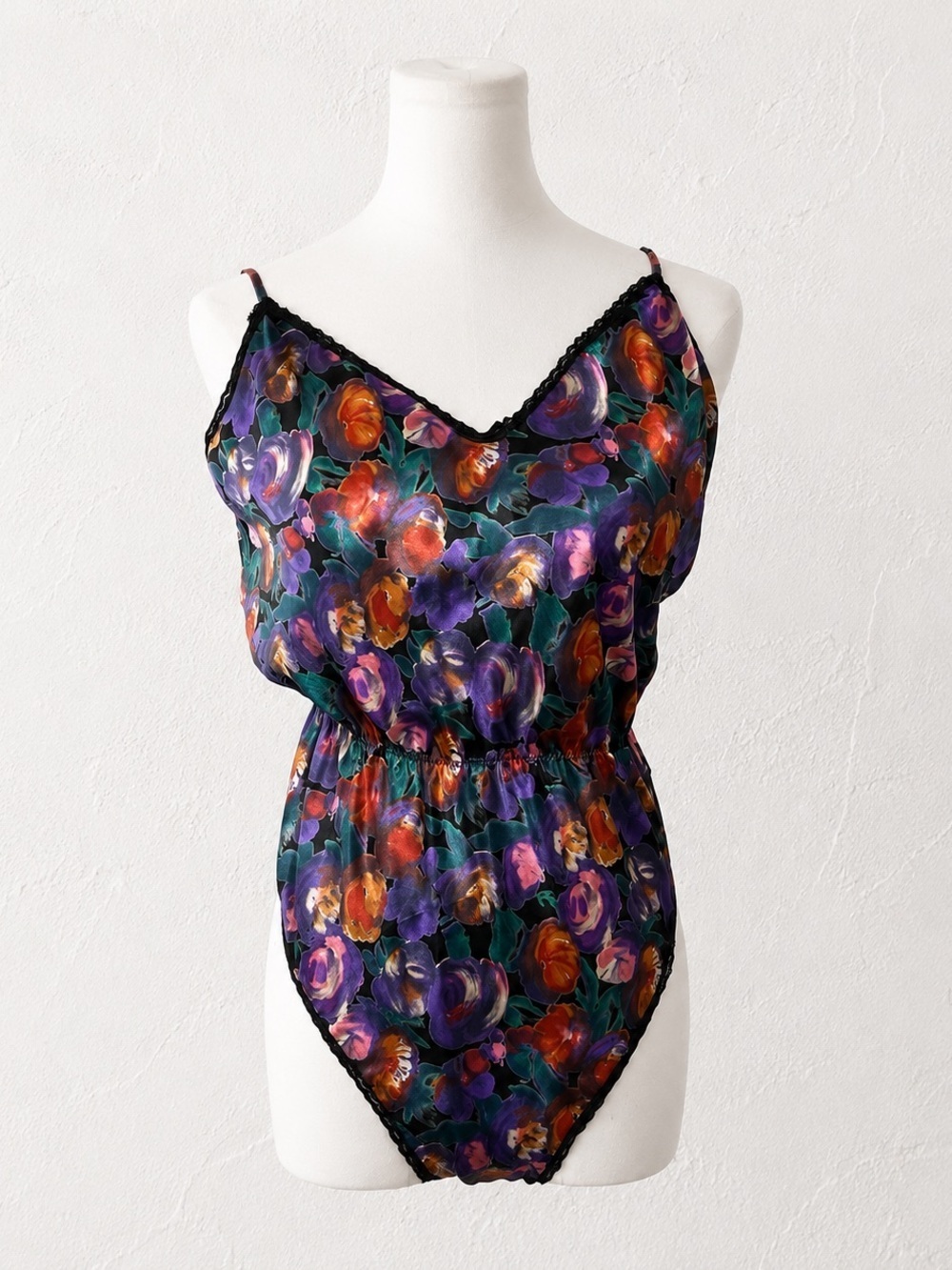 Vintage Floral Satin Teddy Bodysuit Romper Black Purple Lace Lingerie L